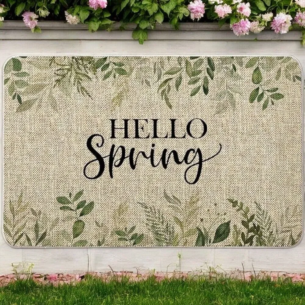 Hello Spring Leaves Farmhouse Indoor Outdoor Non Slip Door Mat 27x17